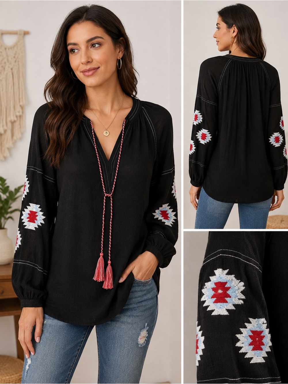 GUESS Los Angeles Black Southwestern Boho Embroidered Top XS